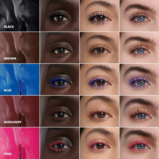 The Sephora mascara shown on an array of models' eyes in all of the available mascara shades
