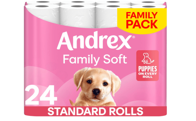 Toilet rolls in pink packet with blonde dog on the front
