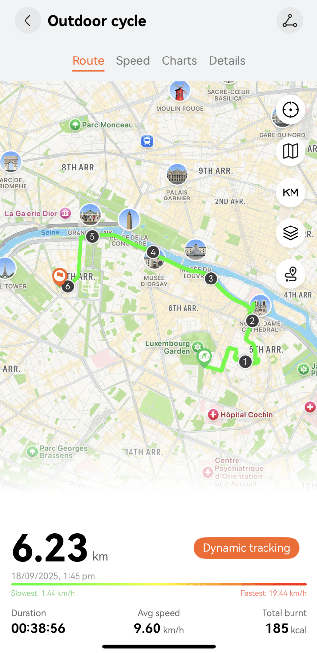 Graphics downloaded from Tracking provided by Huawei app on a bike ride around Paris