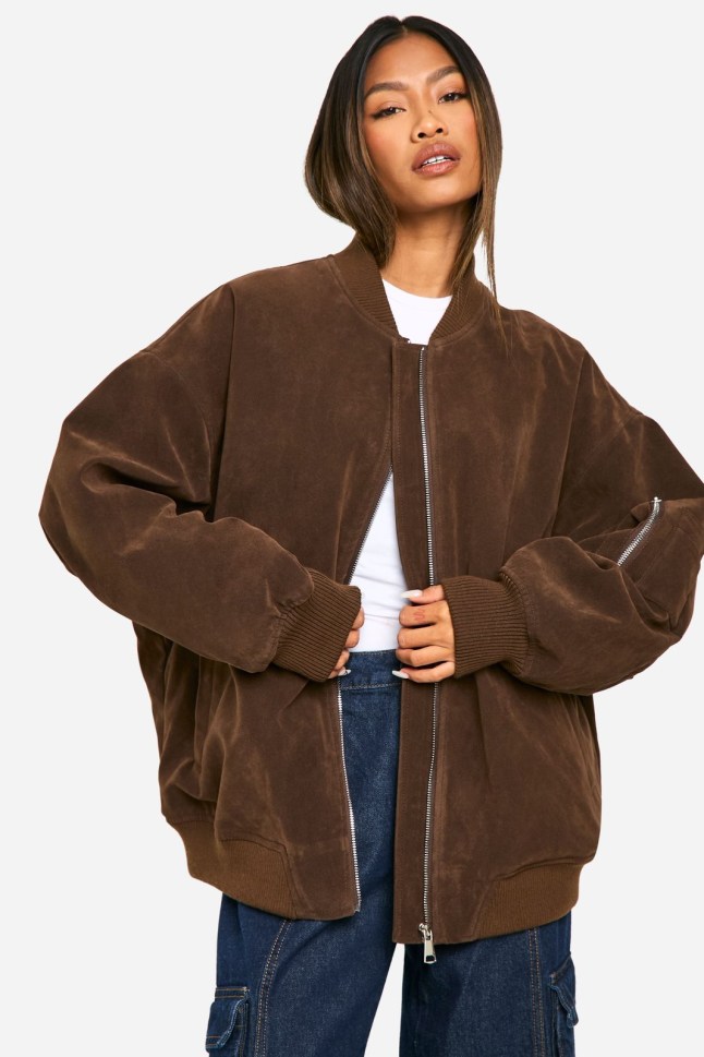 Model wears brown Boohoo jacket