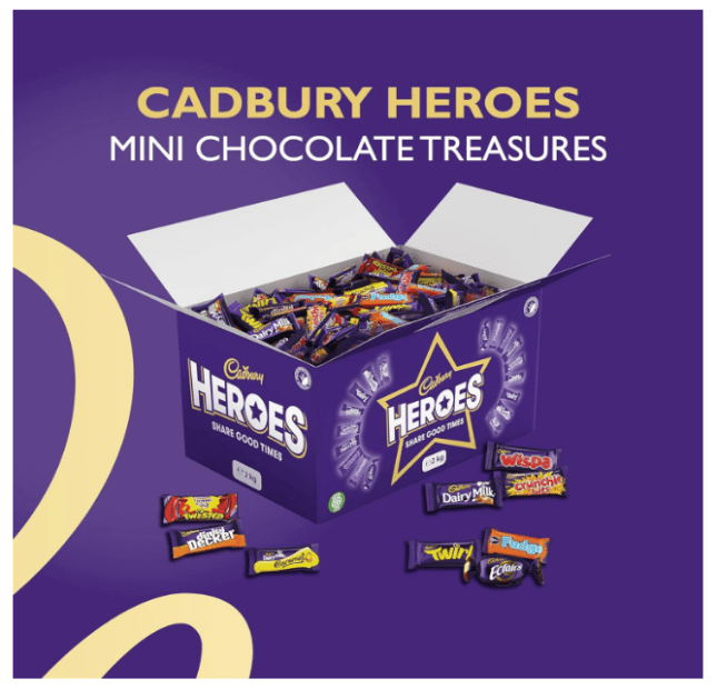 Image of Cadbury Heroes Chocolate Lage Bulk Sharing Box, Assorted Mini-Size Milk Chocolate Bars, 2 kg from Amazon