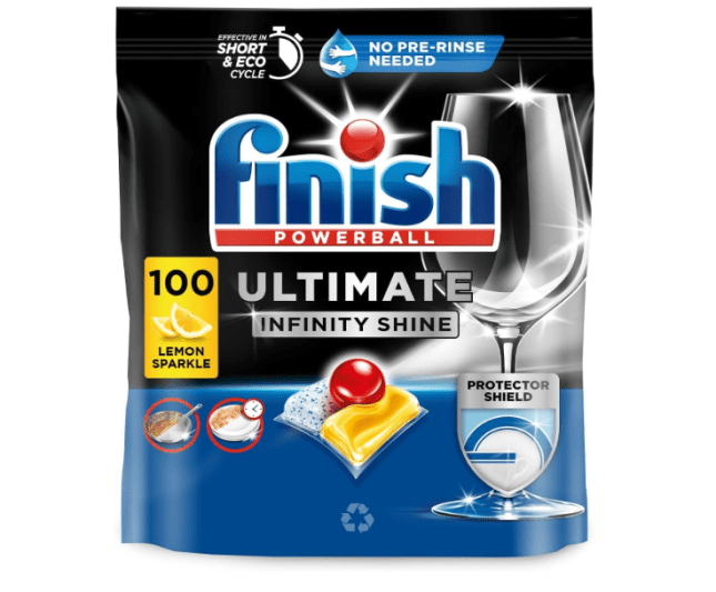Black and blue bag showing dishwasher tablets
