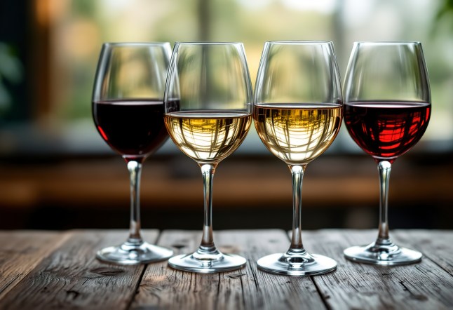 An image of four wine glasses on a wooden surface