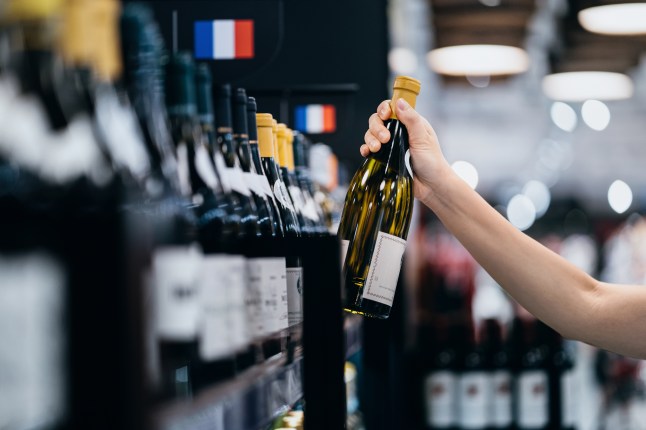 Close-up shot of a young woman choosing wine and picking out a bottle of white whine from the shelf in a liquor store. Grocery shopping. Retail and consumerism