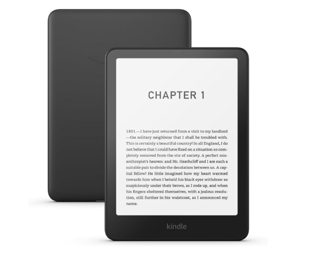Black reading device with words across the screen