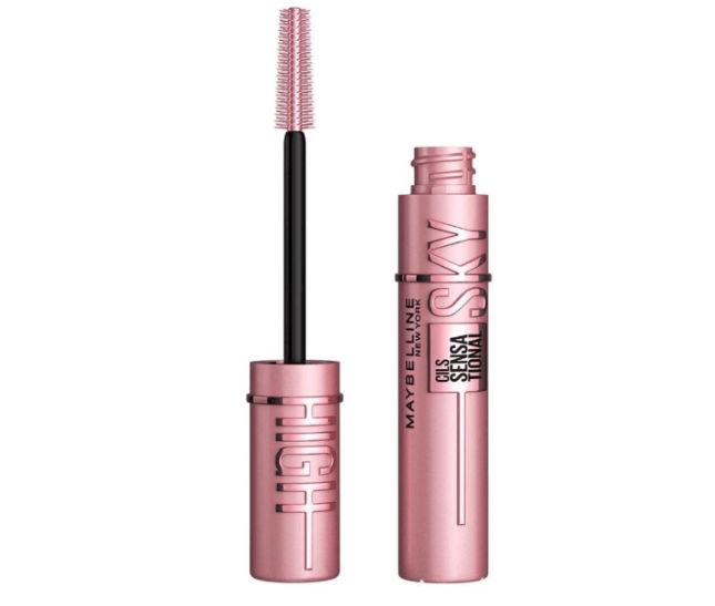 Pink mascara tube next to clean wand