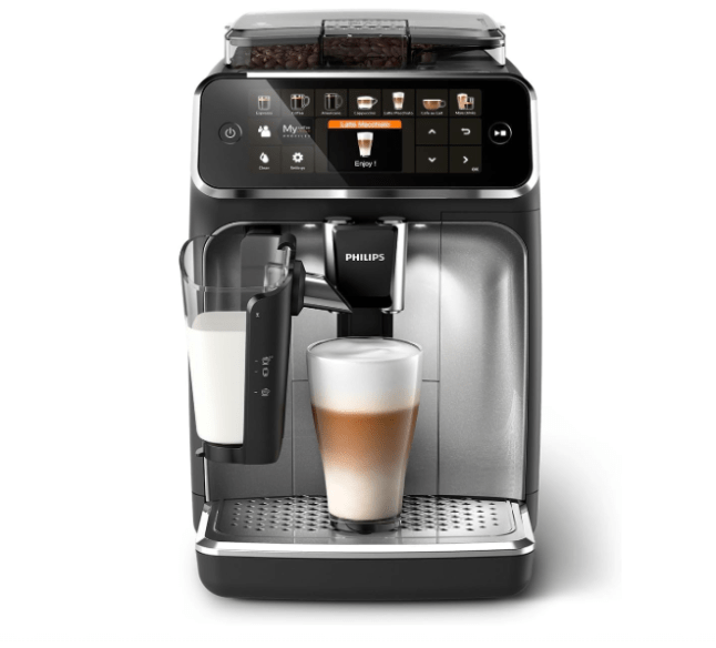 Black coffee maker with mug full of frothy coffee
