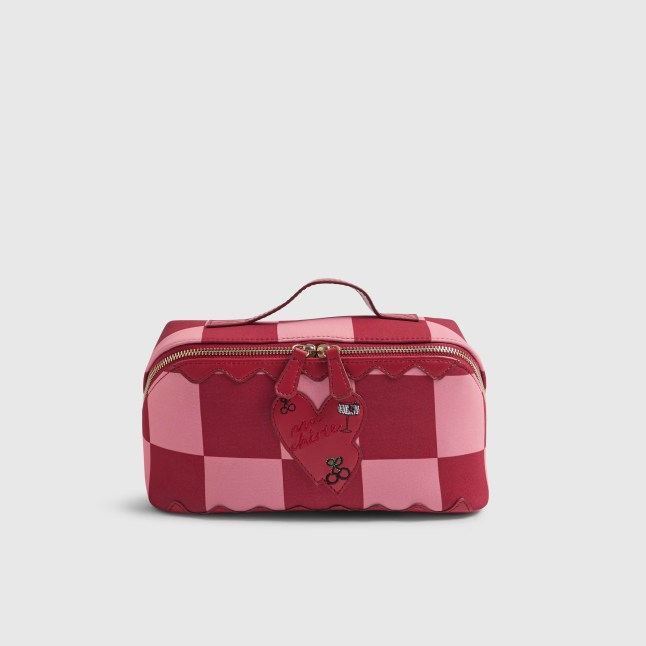 Red and pink checked makeup bag