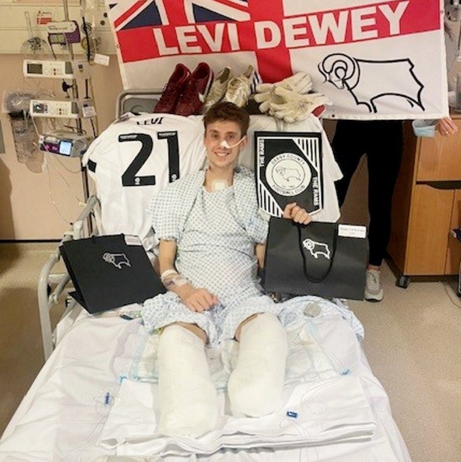 Levi Dewy had to have both of his legs amputated due to sepsis. A "fit and healthy" young man was forced to have both of his legs amputated just days before his 21st birthday - after his flu-like symptoms turned out to be sepsis. Levi Dewy was left in an induced coma with just a 30 per cent chance of survival after being struck down with the life-threatening condition. The previously active 20-year-old, who loved playing football, first fell sick with flu-like symptoms and began taking over-the-counter medications. But mum Lara took him to hospital after "mothers intuition" told her something was wrong when his condition failed to improve. The former JCB welder then went into sceptic shock and suffered multiple organ failure at Royal Derby Hospital. Medics found he was suffering from pneumococcal pneumonia and sepsis and he was transferred to Leicester's Glenfield Hospital for specialist treatment. Doctors told Lara and dad Neil their son would need surgery to amputate both legs below the knee - an operation he had two days before his 21st birthday. When he woke up Levi said he felt lucky to be alive but 'nothing could prepare him for how much his life would change.' Photo released 06/10/2025