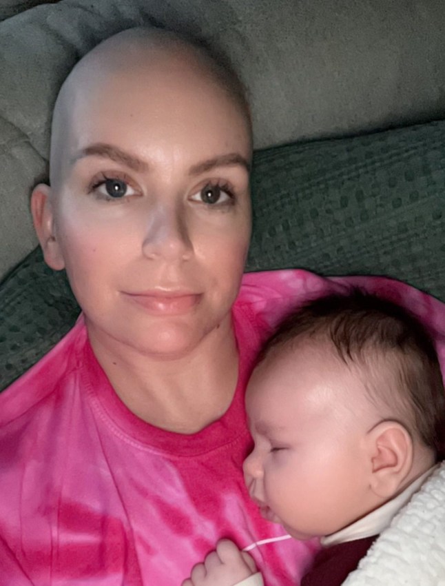 Danika, after losing her hair, and her baby son