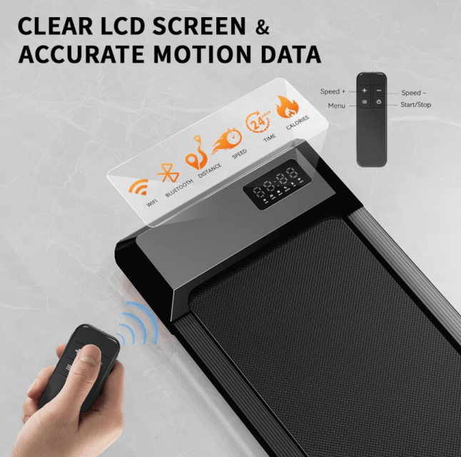 Walking pad from Amazon on the floor, with someone showing the remote in their hand
