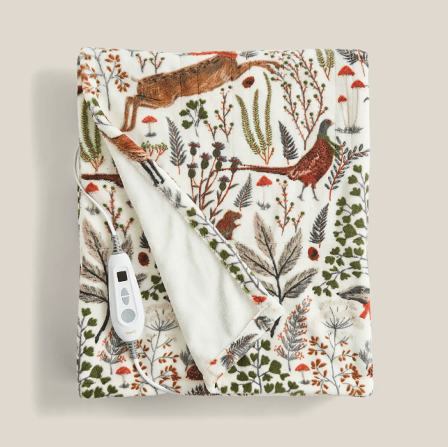 Printed fleece blanket from Dunelm with woodland creatures on