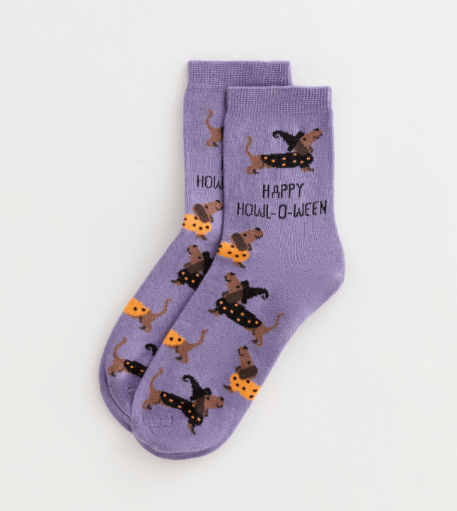 Purple socks with printed dogs on