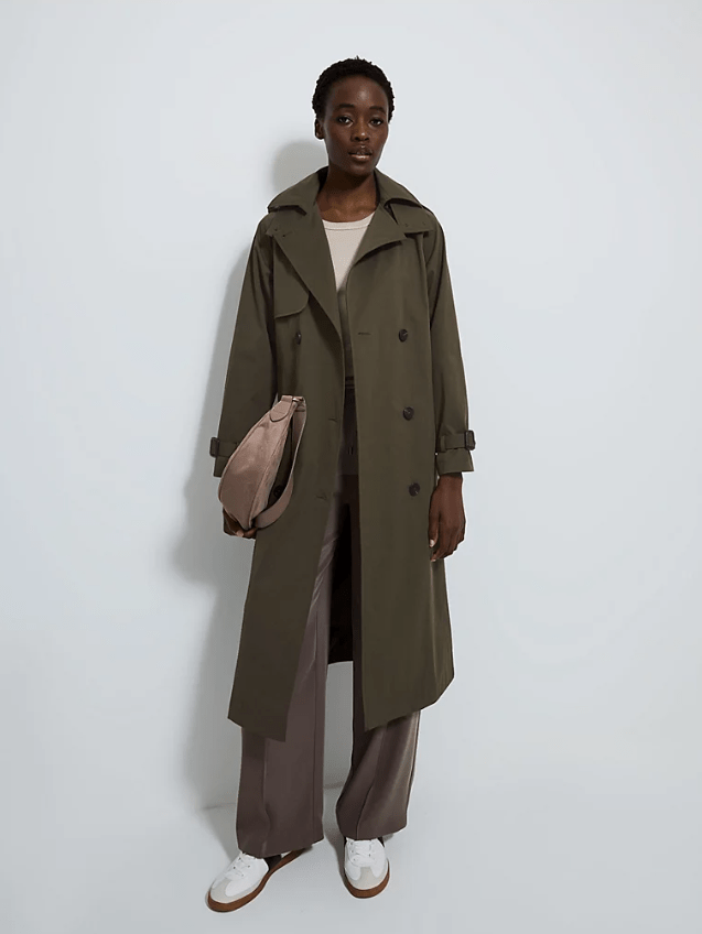 Female wears khaki trench coat
