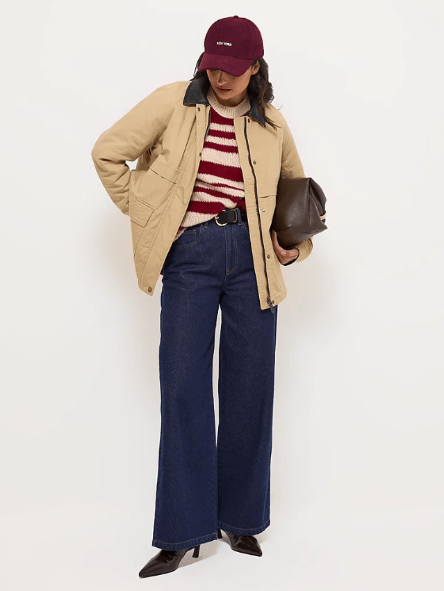 Female wears beige barn jacket