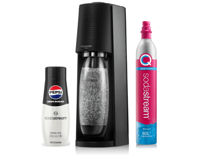 Black machine with bottle filled with sparking water