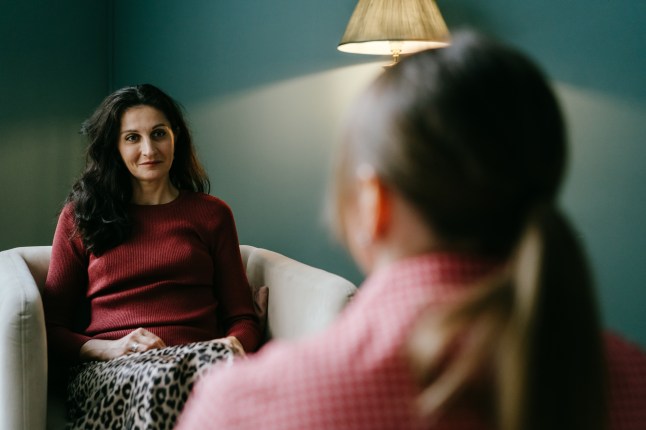 Two women in armchairs are sitting and talking