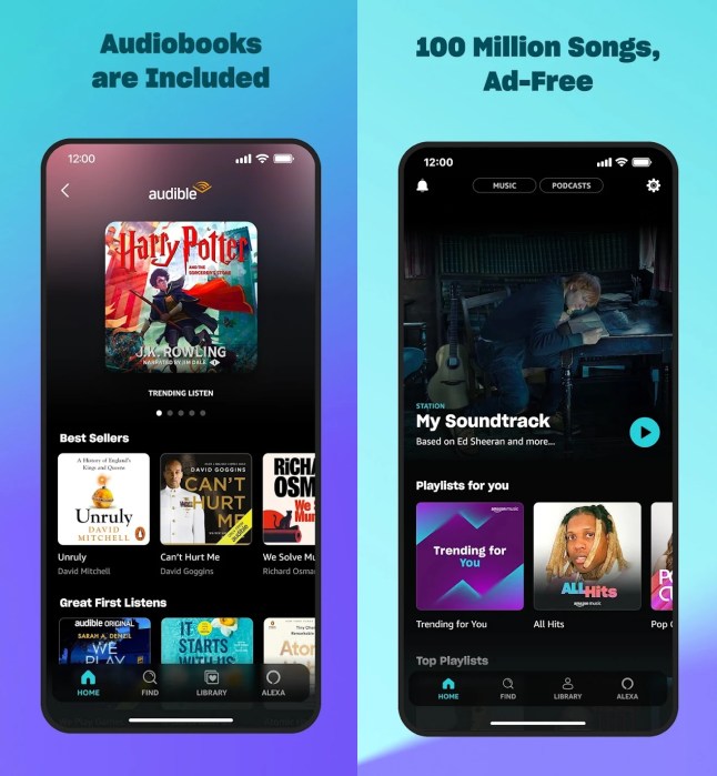 Screenshots of the Amazon Music and Audible app
