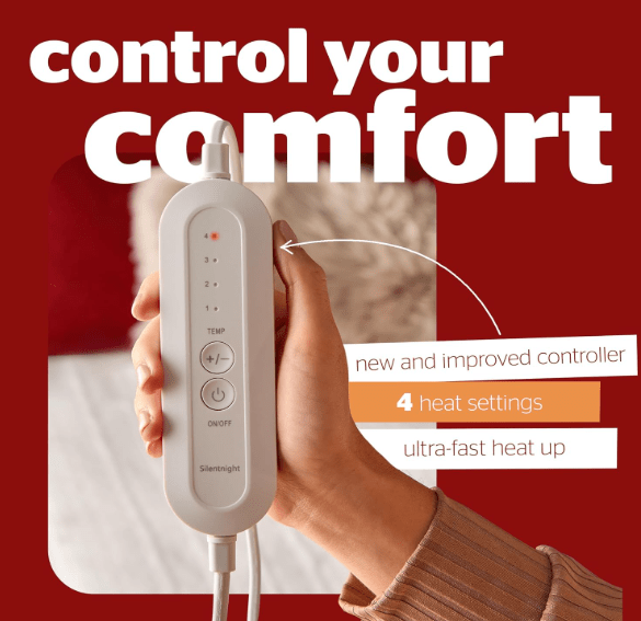 Hand shows remote of heated blanket and settings