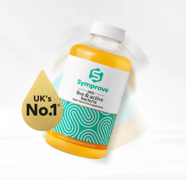 Clear bottle with yellow gut health supplement inside