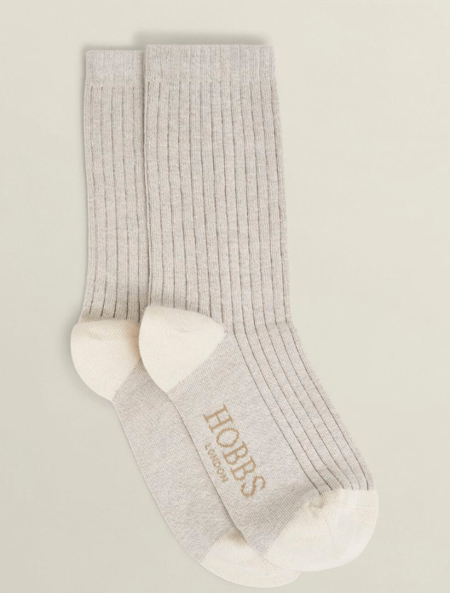 Grey ribbed socks with white ankles and toes