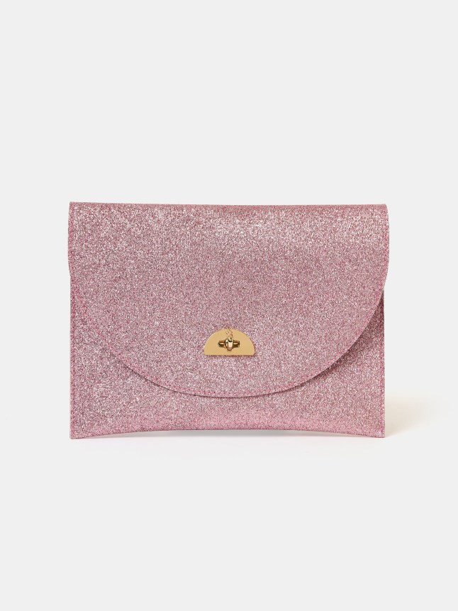 Pink sparkly twist lock clutch bag