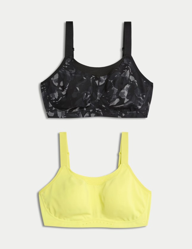 Two pack of sports bras, one in yellow and one in black