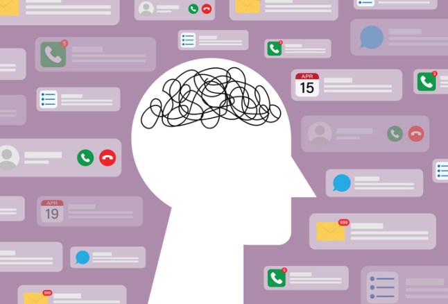 Illustration of lots of notifications and a person's brain to indicate ADHD.