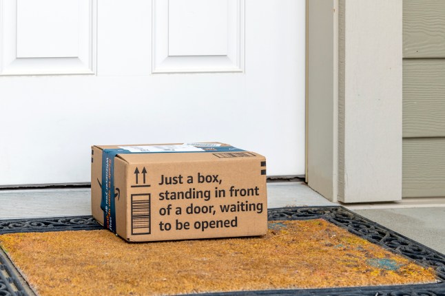 General view of an Amazon shipped cardboard box package with "just a box, standing in front of a door waiting to be opened" on the doorstep of a suburban home.