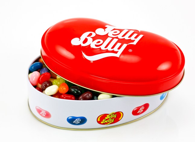 Red jelly bean tin with sweets inside
