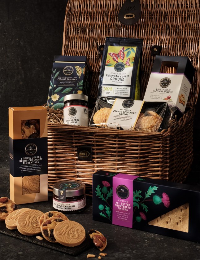 Hamper filled with food items from M&S