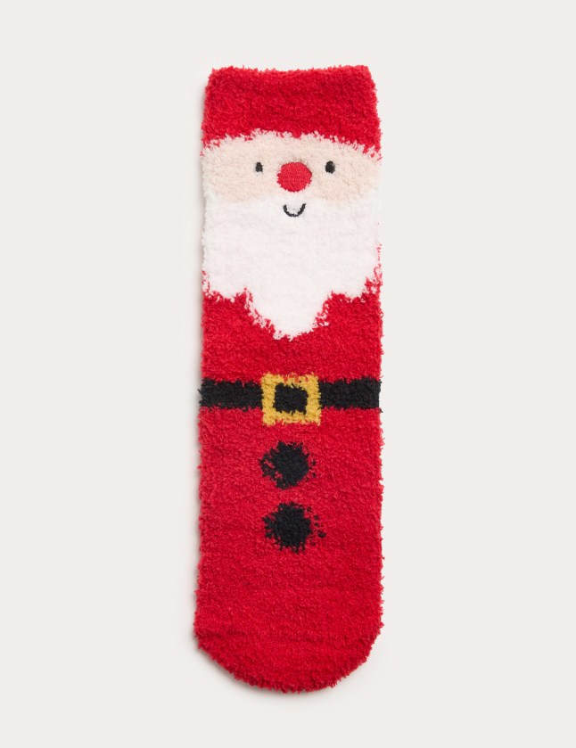 Fluffy socks with a Santa face on the front