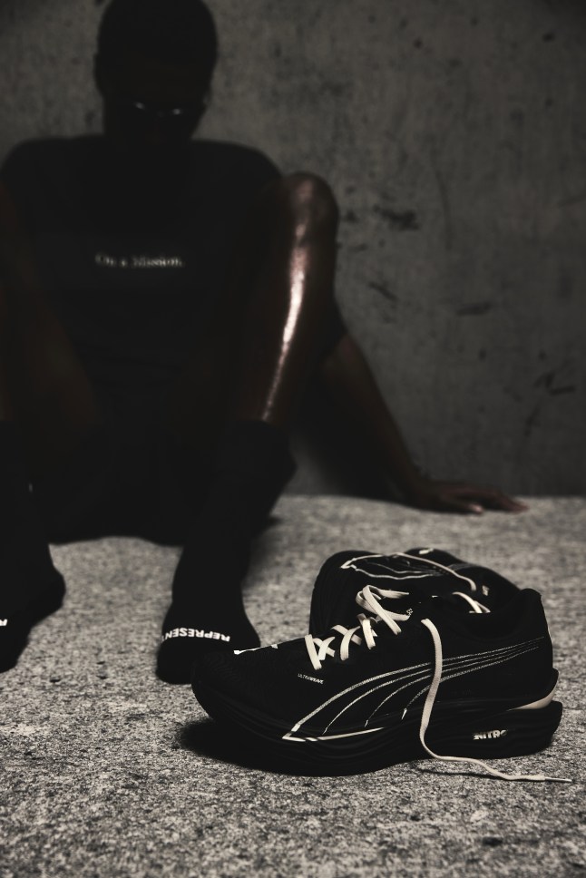 Pair of legs with image of trainers at the front