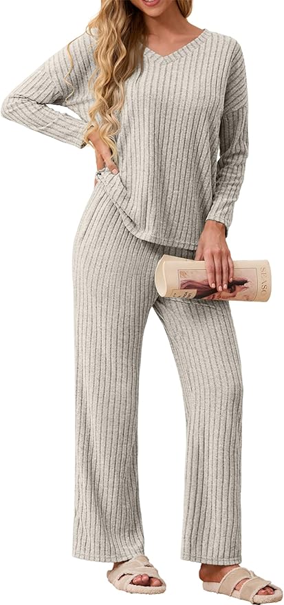 Female wears grey ribbed loungeset