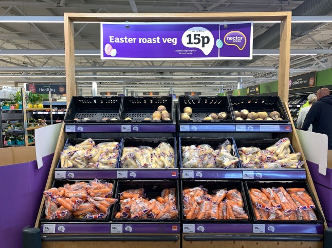 Mandatory Credit: Photo by Shutterstock (15256464a) Reduced price vegetables for Sainsbury's Nectar card holders this Easter on sale in a Sainsbury's supermarket in Taplow, Buckinghamshire. A bag of parsnips or carrots currently costs 15p and a swede 15p for customers using their Nectar card Easter Supermarket Vegetables Price Reductions, Taplow, Buckinghamshire, UK - 16 Apr 2025