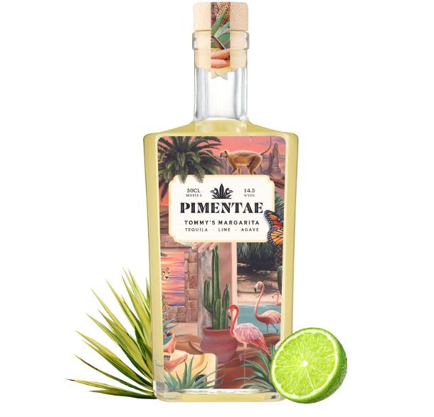 Bottle of pre-mixed margarita, with lime and agave plant