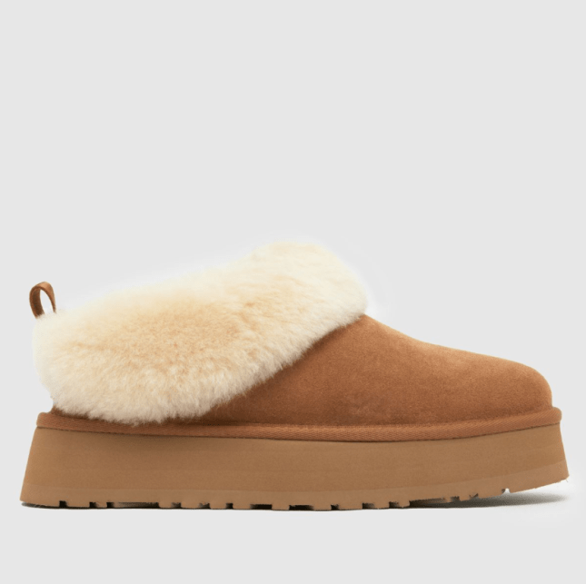 Brown slipper-looking mules with fur lining