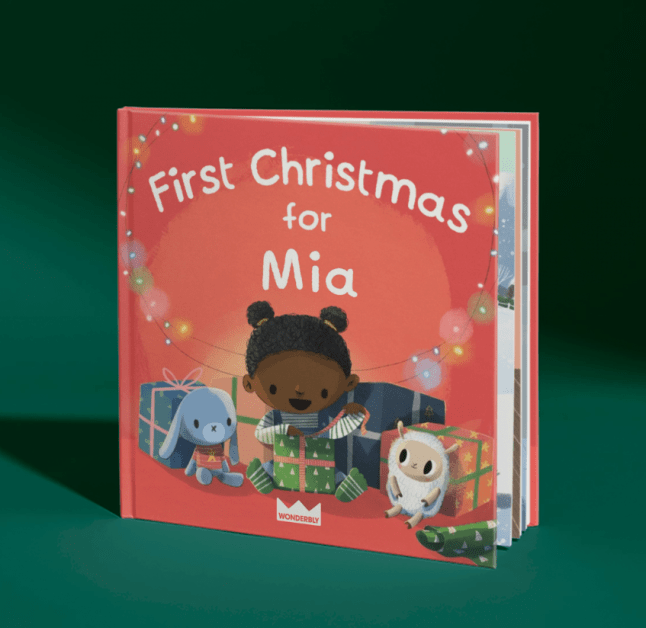 Personalised red book with white text and cartoon girl on the front