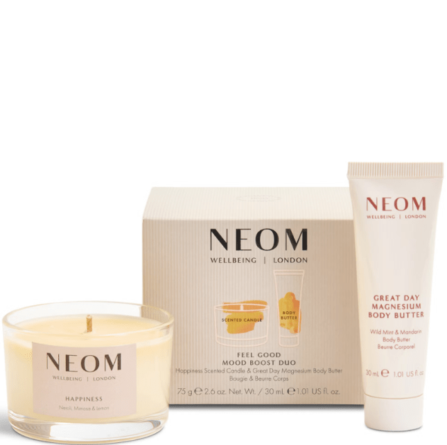 Candle, box and tube of cream from NEOM