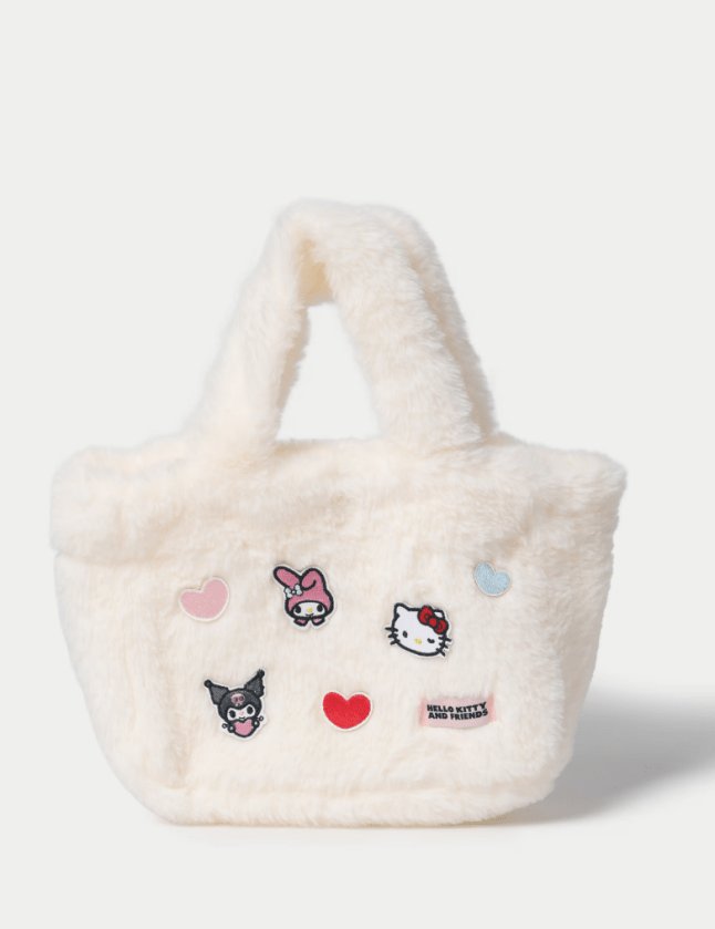 White fluffy bag with characters on the front