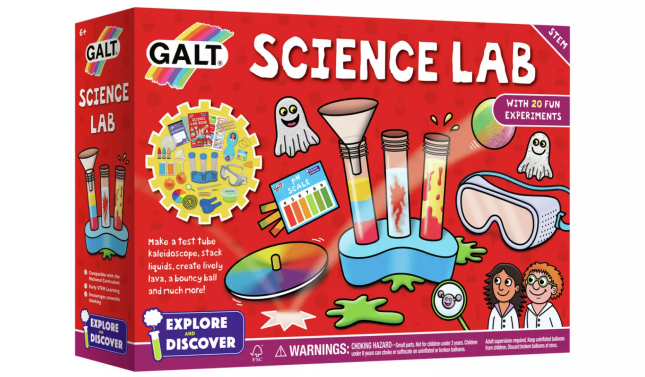 Red box with science test tubes for children on the front