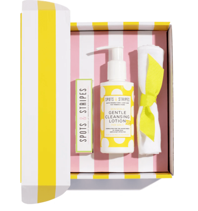 Skincare in pink and yellow stripe box