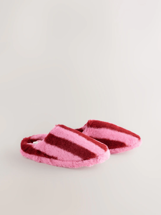 Pink and red fluffy slippers