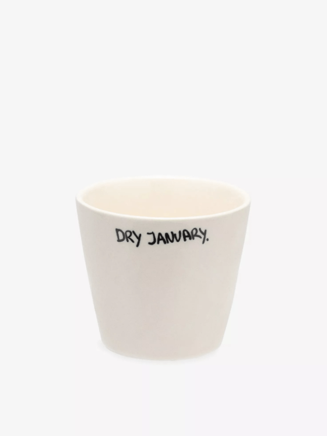 White cup with 'Dry January' written on the front