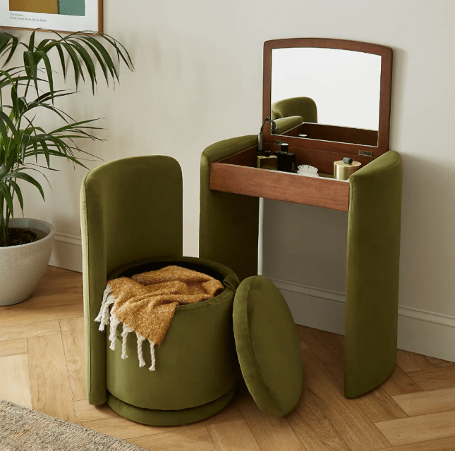 Green stool and dresser with mirror