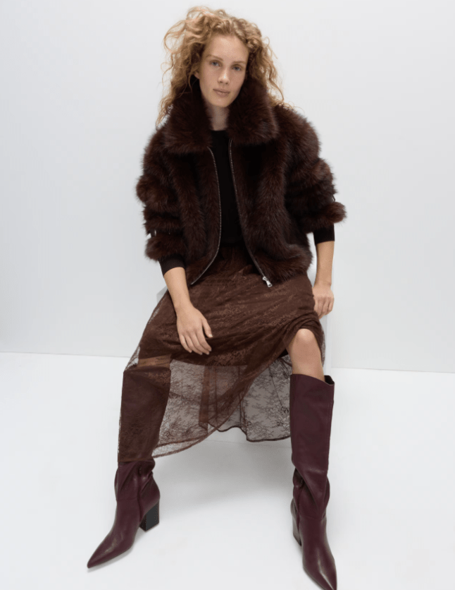 Female wears brown faux fur jacket