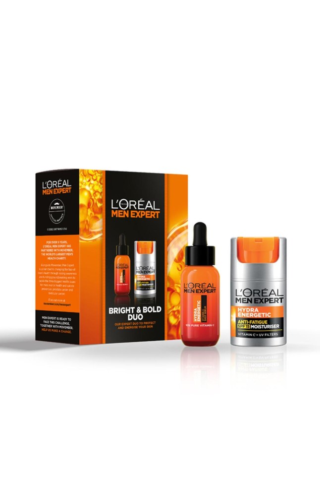Skincare set from L'Oreal Paris with orange and black branding