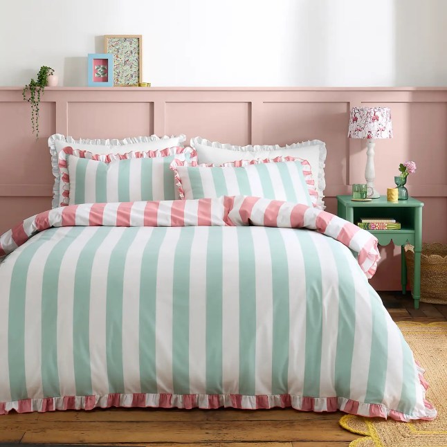 Blue and pink stripe bedding with frill detail