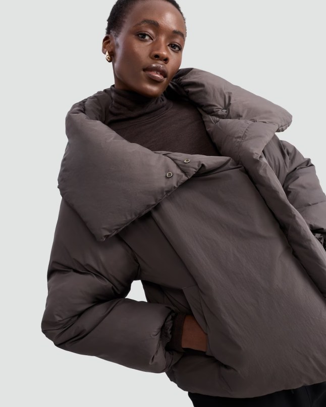 Female wears oversized collar, puffa jacket