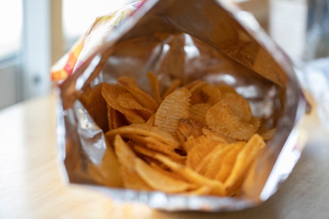 Potato chips in an open bag